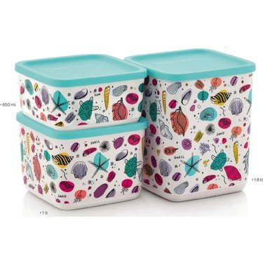 Tupperware Kubik Set Yaz Desenli Deniz Kabugu Cicek Figurlu 3lu Saklama Kabi